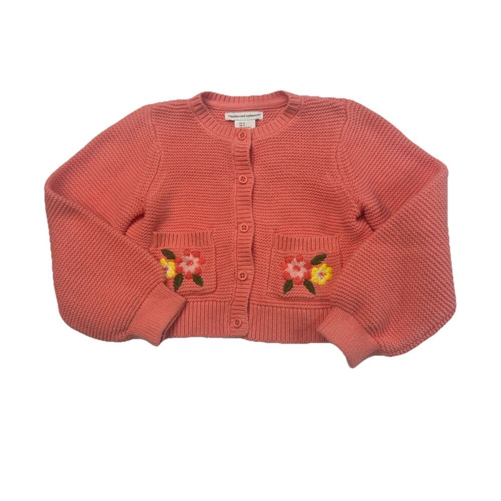 Girls Pink Knit Cardigan Sweater Floral Pockets Size 4 Cupcakes & Cashmere
